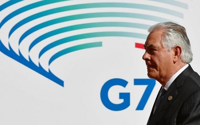 Rex Tillerson en Italie, le 10 avril 2017 (Crédit : Vincenzo Pinto/AFP) Rex Tillerson en Italie, le 10 avril 2017 (Crédit : Vincenzo Pinto/AFP)