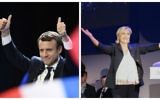 Emmanuel Macron, candidat du mouvement En Marche !, et Marine Le Pen, candidate du Front national, au soir du premier tour de l'élection présidentielle française, le 23 avril 2017. (Crédit : Joël Saget et Eric Feferberg/AFP)