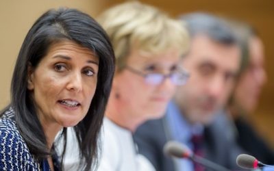 Nikki Haley, ambassadrice américaine aux Nations unies, au Conseil des droits de l'Homme de l'ONU, à Genève, le 6 juin 2017. (Crédit : Fabrice Coffrini/AFP)