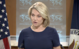 Heather Nauert, porte-parole du département d'Etat américain, à  Washington, le 8 juin 2017. (Crédit : capture d'écran)