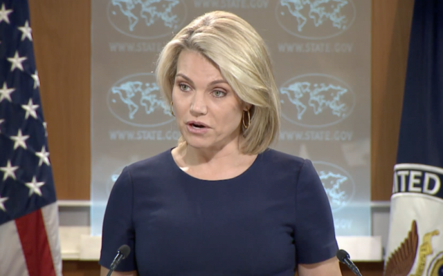Heather Nauert, porte-parole du département d'Etat américain, à Washington, le 8 juin 2017. (Crédit : capture d'écran) Heather Nauert, porte-parole du département d'Etat américain, à Washington, le 8 juin 2017. (Crédit : capture d'écran)