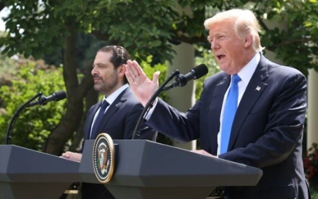 Le président américain Donald Trump et le Premier ministre libanais Saad Hariri lors d'une conférence de presse à la Maison Blanche le 25 juillet 2017. (Crédit : AFP Photo / Tasos Katopodis) Le président américain Donald Trump et le Premier ministre libanais Saad Hariri lors d'une conférence de presse à la Maison Blanche le 25 juillet 2017. (Crédit : AFP Photo / Tasos Katopodis)