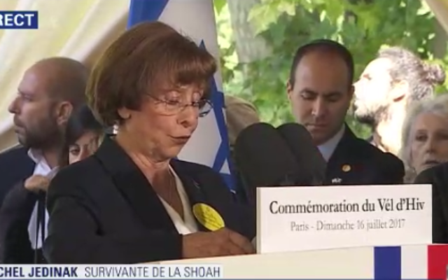 Rachel Jedinak, au nom des raflés du Vel d’Hiv, le 16 juillet 2017. (Crédit : Capture d’écran)