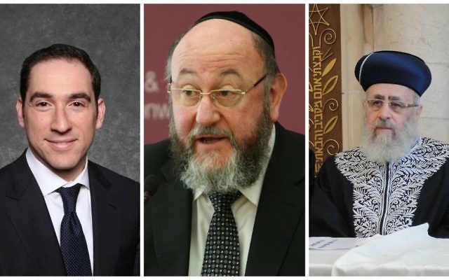 De gauche à droite : Le rabbin  Joseph Dweck (Autorisation), le Grand rabbin britannique Ephraim Mirvis (Bureau des Affaires étrangères et du Commonwealth et le grand rabbin séfarade d'Israël  Yitzhak Yosef (Crédit : CC-SA-GFDL).