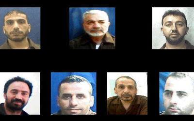 Dans le sens des aiguilles d'une montre, Majd Jaaba, Muhammad Maher Bader, Haron Nasser al-Din, Muasseb Hashalmon, Taha Uthman, Yusri Hashalmon, Umar Qimri, identifiés par le service de sécurité Shin Bet en tant que membre d'une opération du Hamas pour transporter illégalement de l'argent à Hebron  (Crédit : Shin Bet)