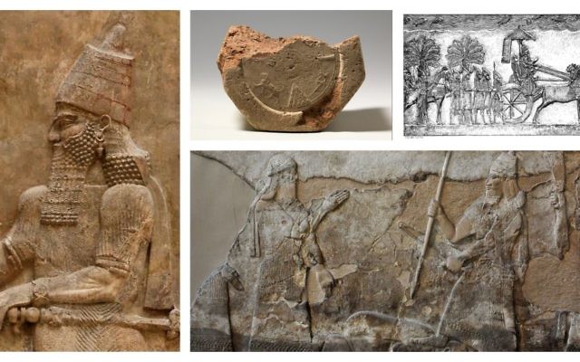 Les personnages bibliques que  Lawrence Mykytiuk  clame avoir vérifié. Dans le sens des aiguilles d'une montre, depuis la gauche : Sargon II; le prisme cunéiforme décrivant la restauration de Babylone par Esarhaddon;  une représentation du Roi  Sennacherib, de son palais de Ninive,  Tiglath-pileser III, du palais de Nimrud (Crédit : Domaine public)