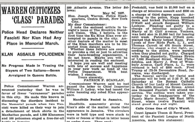Un article du New York Times datant du mois de mai 1927 rapporte l’arrestation de Fred Trump, père de l'actuel président des Etats-Unis (Crédit: capture d'écran Twitter)