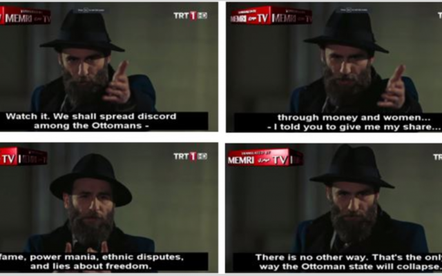 La série turque Sultan Abdulhamid dépeint un Herzl agent perturbateur téléguidé par l'Occident pour faire tomber l'empire ottoman (Crédit: capture d'écran Memri) La série turque Sultan Abdulhamid dépeint un Herzl agent perturbateur téléguidé par l'Occident pour faire tomber l'empire ottoman (Crédit: capture d'écran Memri)