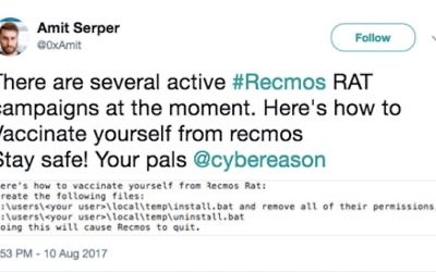Les instructions pour contrer les attaques au Remcos RAT, sur Twitter. (Crédit : Cyberreason)