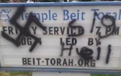 Une croix gammée et le salut nazi "Sig Heil" retrouvé devant la synagogue Beit Torah de Colorado Springs, le 4 août 2017. (Crédit : capture d'écran KKTV)