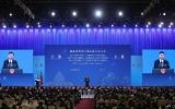 Le président chinois Xi Jinping devant la 86e Assemblée générale d'Interpol à Pékin, le 26 septembre 2017. (Crédit :  Lintao Zhang/Pool/AFP)