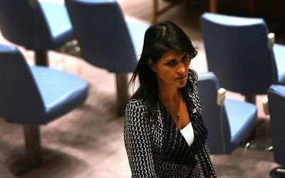 Nikki Haley, ambassadrice des Etats-Unis aux Nations unies, pendant une réunion du Conseil de sécurité, à New York, le 29 août 2017. (Crédit : Spencer Platt/Getty Images/AFP)