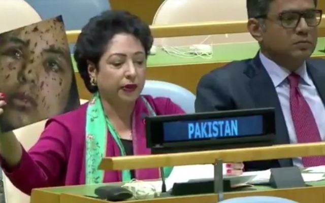 Maleeha Lodhi, la représentante pakistanaise aux Nations unies, présente une image d'une Gazaouie en affirmant qu'elle est une victime des violences indiennes au Cachemire, devant les Nations unies, le 23 septembre 2017. (Crédit : capture d'écran Twitter) Maleeha Lodhi, la représentante pakistanaise aux Nations unies, présente une image d'une Gazaouie en affirmant qu'elle est une victime des violences indiennes au Cachemire, devant les Nations unies, le 23 septembre 2017. (Crédit : capture d'écran Twitter)