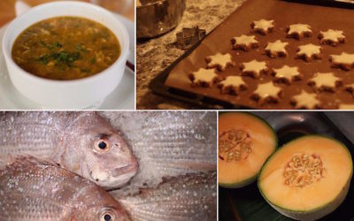 A partir d'en haut à gauche dans le sens des aiguilles d'une montre : Une soupe Harira, des gâteaux  Zimtsterne, des graines de melon cantaloup et des dorades (Crédit : Wikimedia Commons/Flickr Commons/Getty Images/via JTA)