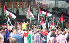 Des centaines de manifestants aux abords de la gare centrale de Rotterdam dénoncent les dernières restrictions israéliennes sur l'entrée des Palestiniens dans la mosquée Al-Aqsa, le 22 juillet 2017   (Crédit : Abdullah Asiran/Anadolu Agency/Getty Images via JTA)