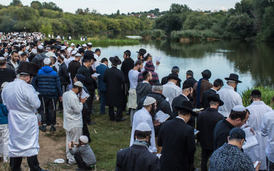 Des hassidim en pèlerinage priant près du lieu de sépulture de Rabbi Nahman de Breslev à Ouman, Ukraine, le 14 septembre 2015. (Brendan Hoffman/Getty Images via JTA)
