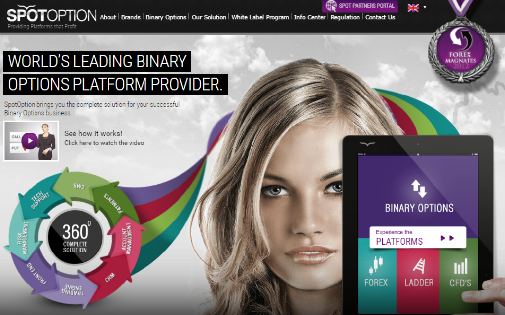 Le site de SpotOption offre une gamme d'outils et de services pour les entreprises d'options binaires, notamment des plateformes de paiement et de gestion de risque. (Capture d'écran : Spotoption.com)