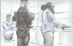 Une esquisse faite par le tribunal le 2 novembre 2017 montre Abdelkader Merah (d) le dernier jour de son procès au palais de justice de Paris. (Crédit :  AFP / Benoit Peyruco)