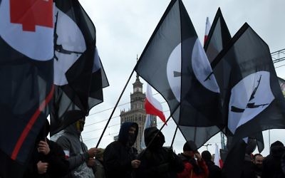 Manifestation pour l'anniversaire de l'indépendance de la Pologne, le 11 novembre 2017. (Crédit : AFP/Janek Skarynski)
