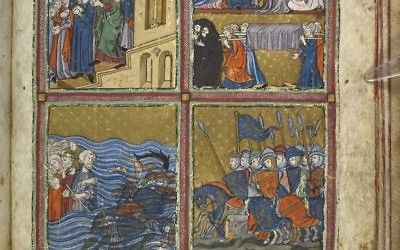 Scènes bibliques dans des peintures miniatures, illuminées d'or et de couleurs éclatantes. La Haggadah d'or, Catalogne, ca. 1320 (Crédit : autorisation de la British Library)