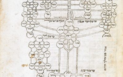 Un diagramme en forme d'arbre pour visualiser certaines des théories kabbalistiques complexes de Rabbi Isaac Luria, d'Otsrot Hayim dans un traité de Hayim Vital, avec des ajouts d'autres kabbalistes, Italie 17e siècle. (Crédit : autorisation de la British Library)