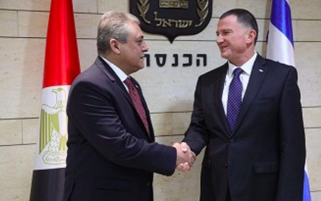 L'ambassadeur égyptien en Israël Hazem Khairat avec le président de la Knesset Yuli Edelstein à la Knesset, le 21 novembre 2017 (Crédit : porte-parole de la Knesset)