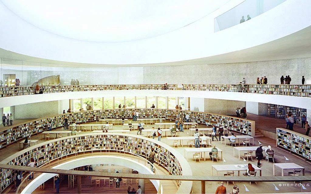 Les 3 étages dédiés à la lecture, de la nouvelle Bibliothèque nationale d'Israël, avec un puits de lumière au plafond. (Crédit : The National Library of Israel)