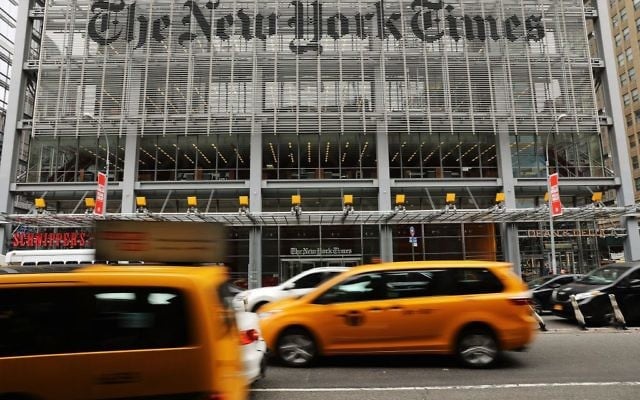 Le siège du New York Times, à Manhattan, en juillet 2017. (Crédit : Spencer Platt/Getty Images/via JTA) Le siège du New York Times, à Manhattan, en juillet 2017. (Crédit : Spencer Platt/Getty Images/via JTA)
