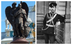 Le Tsar Nicholas II vers 1890 ; un monument en l'honneur du tsar, à Vyritsa, en Russie. (Crédit : CC-SA/KulikovaTV)