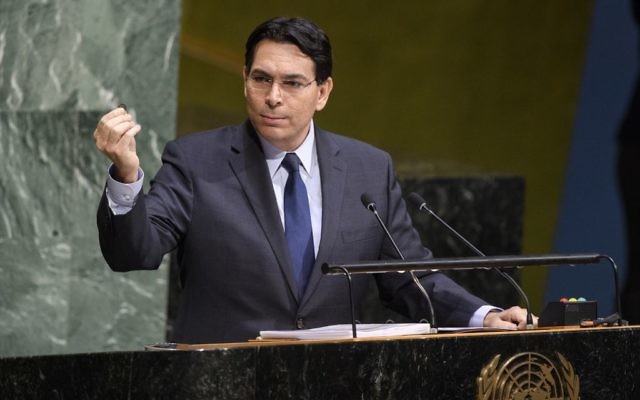 L'ambassadeur d'Israël auprès des Nations unies, Danny Danon s'adressant à l'Assemblée générale. (Crédit : Photo de l'ONU / Manuel Elias) L'ambassadeur d'Israël auprès des Nations unies, Danny Danon s'adressant à l'Assemblée générale. (Crédit : Photo de l'ONU / Manuel Elias)