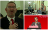 Des photos de la conférence du Jewish Voice for Labour (JVL) en 2017 :  Ken McCluskey, secrétaire général d'UNITE; Jenny Manson, présidente du JVL, présente le réalisateur  Ken Loach; Leah Lavane évoque son district de  Hastings and Rye . (Crédit : capture d'écran / YouTube)