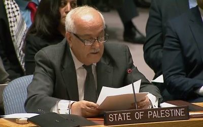 L'envoyé palestinien à l'ONU, Riyad Mansour, au Conseil de sécurité de l'ONU, 8 décembre 2017 (Crédit : Nations unies)