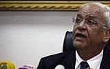 Saeb Erekat, négociateur en chef palestinien et secrétaire général de l'Organisation de libération de la Palestine, s'exprime lors d'une conférence de presse tenue à Jéricho, en Cisjordanie, le 15 février 2017 (AFP / AHMAD GHARABLI)
