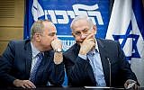Le Premier ministre Benjamin Netanyahu s'entretient avec le ministre de l'Energie Yuval Steinitz lors d'une réunion du Likoud à la Knesset le 29 mai 2017. (Yonatan Sindel / Flash90)