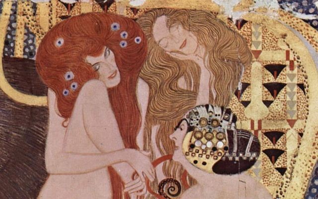 Une section de la frise de Beethoven, par Gustav Klimt. (Crédit : Domaine public/Wikimedia Commons)