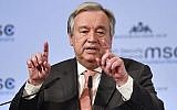 Antonio Guterres, secrétaire général de l'ONU, prononce un discours lors de la 54e Conférence de Munich sur la sécurité, le 16 février 2018, à Munich, en Allemagne (Crédit : AFP / Thomas Kienzle)