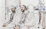 Esquisse de la salle d'audience le 5 février 2018, au Palais de Justice de Bruxelles, où comparaissent Salah Abdeslam et son complice Sofiane Ayari (deuxième à partir de la gauche). (Crédit : Benoit PEYRUCQ / AFP)