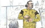 Esquisse du 26 janvier 2018, représentant Jawad Bendaoud à la barre durant son procès pour recel de malfaiteurs, lors des attentats de Paris en novembre 2015.. (Crédit : AFP / Benoit PEYRUCQ )