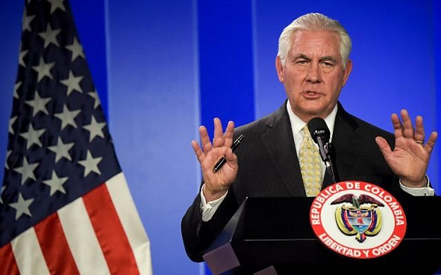 Le secrétaire d'État américain Rex Tillerson à Bogota,le 6 février 2018. (Crédit : Raul ARBOLEDA Le secrétaire d'État américain Rex Tillerson à Bogota,le 6 février 2018. (Crédit : Raul ARBOLEDA