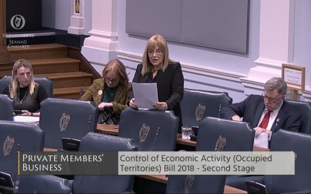 La sénatrice irlandaise Frances Black prend la parole avant le vote du Sénat sur la proposition de loi 2018 le 30 janvier 2018 sur le contrôle des activités économiques (des Territoires occupés) (Crédit : Capture d'écran www.oireachtas.ie) La sénatrice irlandaise Frances Black prend la parole avant le vote du Sénat sur la proposition de loi 2018 le 30 janvier 2018 sur le contrôle des activités économiques (des Territoires occupés) (Crédit : Capture d'écran www.oireachtas.ie)