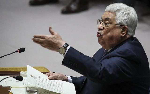 Le dirigeant de l'AP, Mahmoud Abbas, s'exprime lors d'une réunion du Conseil de sécurité des Nations unies concernant les problèmes au Moyen-Orient, au siège de l'ONU, le 20 février 2018, à New York (Drew Angerer / Getty Images / AFP) Le dirigeant de l'AP, Mahmoud Abbas, s'exprime lors d'une réunion du Conseil de sécurité des Nations unies concernant les problèmes au Moyen-Orient, au siège de l'ONU, le 20 février 2018, à New York (Drew Angerer / Getty Images / AFP)