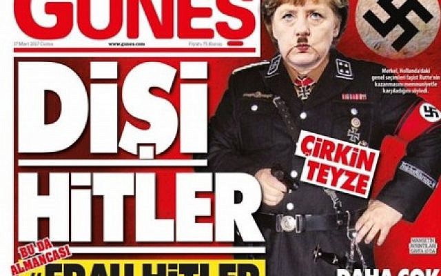 La une du quotidien turc pro-gouvernemental "Günes" présente un photomontage de la chancelière allemande Angela Merkel en uniforme nazi, le 17 mars 2017. (Capture d'écran Twitter) La une du quotidien turc pro-gouvernemental "Günes" présente un photomontage de la chancelière allemande Angela Merkel en uniforme nazi, le 17 mars 2017. (Capture d'écran Twitter)