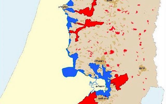 Une carte montrant les frontières d'une solution à deux états si elle se basait sur le parcours de la barrière de sécurité israélienne. Les marques bleues signalent les parties de la Cisjordanie qui seraient annexées par Israël sur la base des longueurs actuelles de la frontières et les marques rouges montrent les parties qui seraient aussi ajoutées après l'achèvement de la barrière (Crédit : La Paix maintenant)