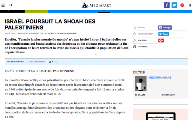 Capture d’écran de l’article « Israël poursuit la shoah des Palestiniens » publié dimanche 1er avril 2018 par le site d’information Mediapart (Crédit : Mediapart) Capture d’écran de l’article « Israël poursuit la shoah des Palestiniens » publié dimanche 1er avril 2018 par le site d’information Mediapart (Crédit : Mediapart)