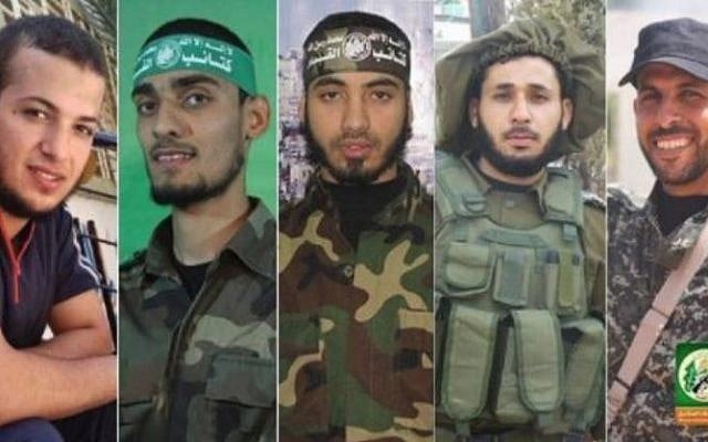 Les dirigeants du groupe terroriste du Hamas ont diffusé les images des membres de son aile militaire qui, ont-ils reconnu, figurent parmi les 16 Gazaouis tués par des tirs israéliens durant des affrontements le long de la barrière de sécurité, le 30 mars 2018. Les dirigeants du groupe terroriste du Hamas ont diffusé les images des membres de son aile militaire qui, ont-ils reconnu, figurent parmi les 16 Gazaouis tués par des tirs israéliens durant des affrontements le long de la barrière de sécurité, le 30 mars 2018.