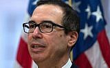 Le secrétaire au Trésor américain Steven Mnuchin, le 21 avril 2018, à Washington, DC. (Crédit : AFP / ANDREW CABALLERO-REYNOLDS)