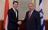 Le Premier ministre Benjamin Netanyahu, à droite, rencontre le ministre autrichien des Affaires étrangères, Sebastian Kurz, à Jérusalem, le 16 mai 2016. (Kobi Gideon / GPO)