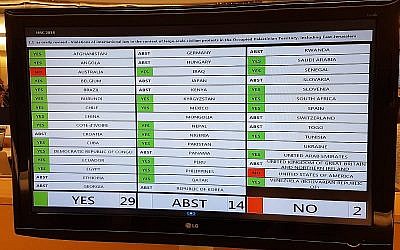 Un panneau de télévision au conseil des droits de l'Homme des Nations unies montre comment les pays ont voté lors d'une résolution prônant une enquête sur la gestion par Israël des violences meurtrières sur la frontière avec Gaza, le 18 mai 2018 (Crédit : ministère affaires étrangères)