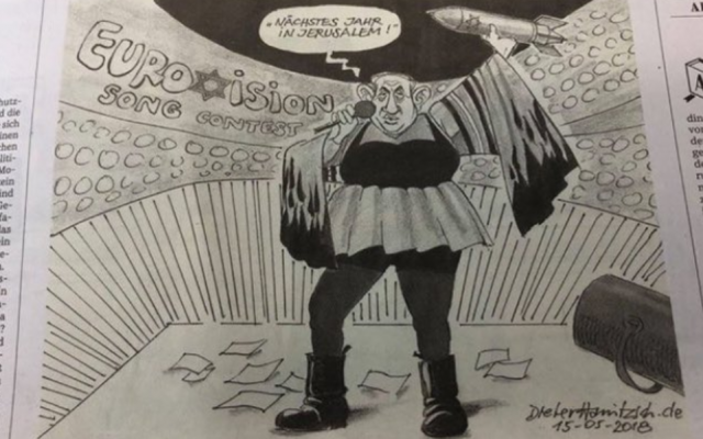 Une caricature publiée le 15 mai 2018 dans un quotidien allemand. Netanyahu est vêtu de la robe de Barzilai et de bottes militaires et tient dans une main un micro et dans l'autre un missile sur laquelle figure l'étoile de David. Une bulle lui fait dire : "l'année prochaine à Jérusalem". (Crédit : capture d'écran Twitter)