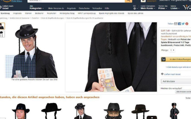 Autre exemple de costume polémique, un modèle tenant de l'argent tout en portant un costume de rabbin vu sur le site Web d'Amazon Allemagne. (Crédit : capture d'écran Amazon) Autre exemple de costume polémique, un modèle tenant de l'argent tout en portant un costume de rabbin vu sur le site Web d'Amazon Allemagne. (Crédit : capture d'écran Amazon)